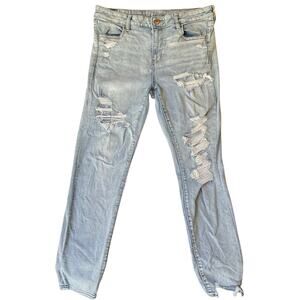 American Eagle Women Skinny Jeans size 16R US Blue Mid Rise Stretch Frayed